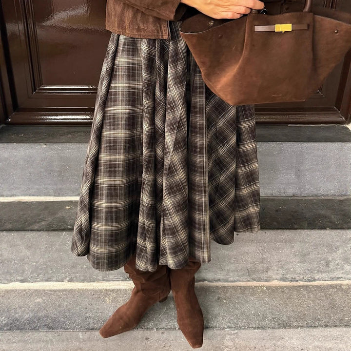 Damen Karierter Midirock mit weitem Tellerfalten‑Schnitt und hoher Taille Echoarchiv