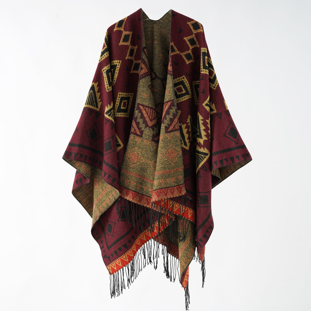 Damen Weichfallender Jacquard-Umhang im Ruana-Stil mit Fransen Echo Archiv