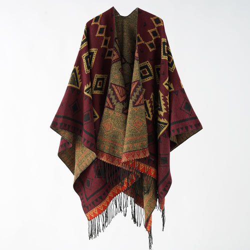 Damen Weichfallender Jacquard-Umhang im Ruana-Stil mit Fransen Echo Archiv