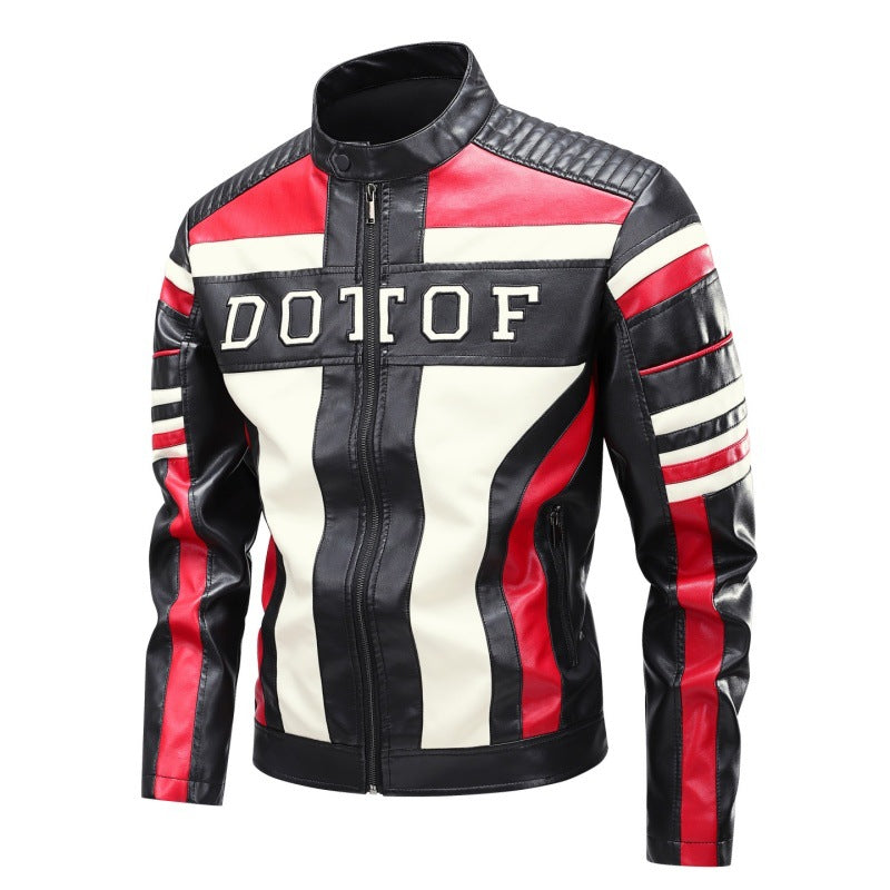 Herren Racing-Lederimitat-Bikerjacke mit Stehkragen, gesteppter Schulterpartie & Kontrast-Colourblocking Echoarchiv