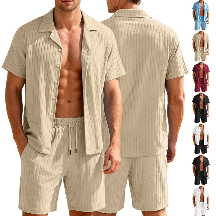 Herren nan geripptes Feinstrick-Lounge-Set mit kurzärmligem Revershemd und Kordelshorts Echo Archiv