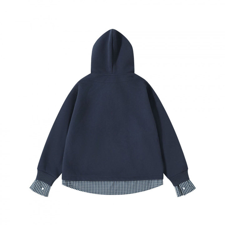 Damen Layering-Hoodie mit eingesetztem Hemdkragen, karierter Saum- und Manschettenoptik Echo Archiv