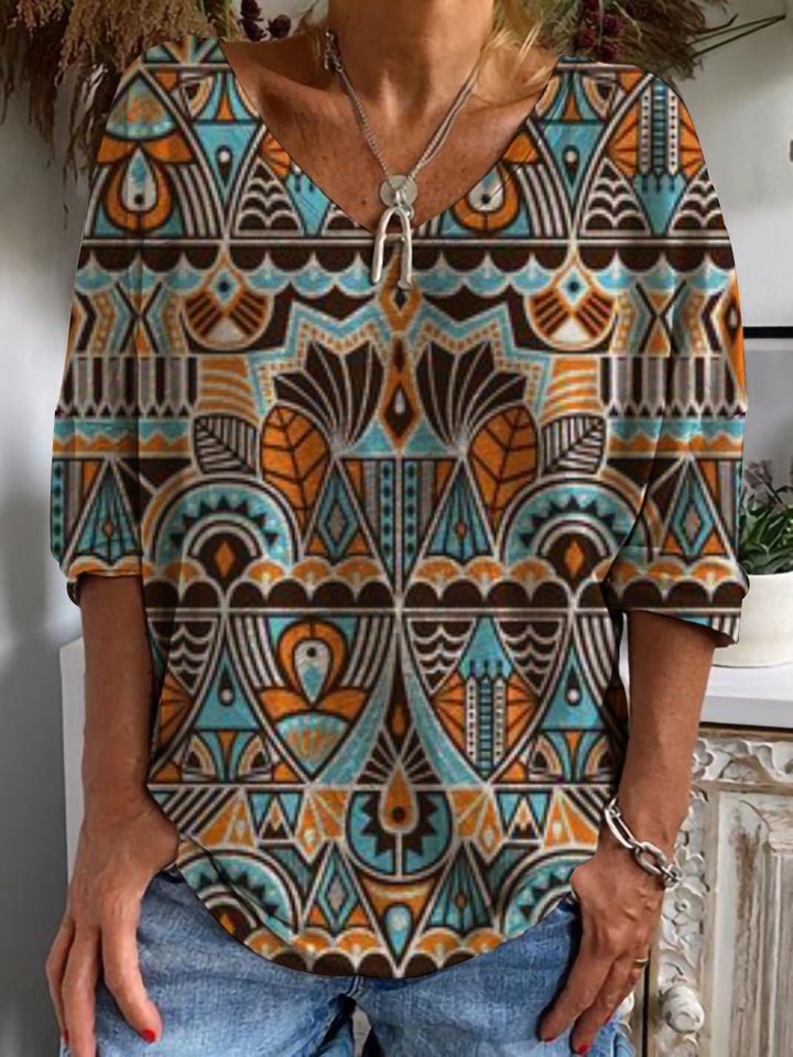 Damen Geometrische Boho-Tunika mit V-Ausschnitt und dreiviertelärmeln – Avérine