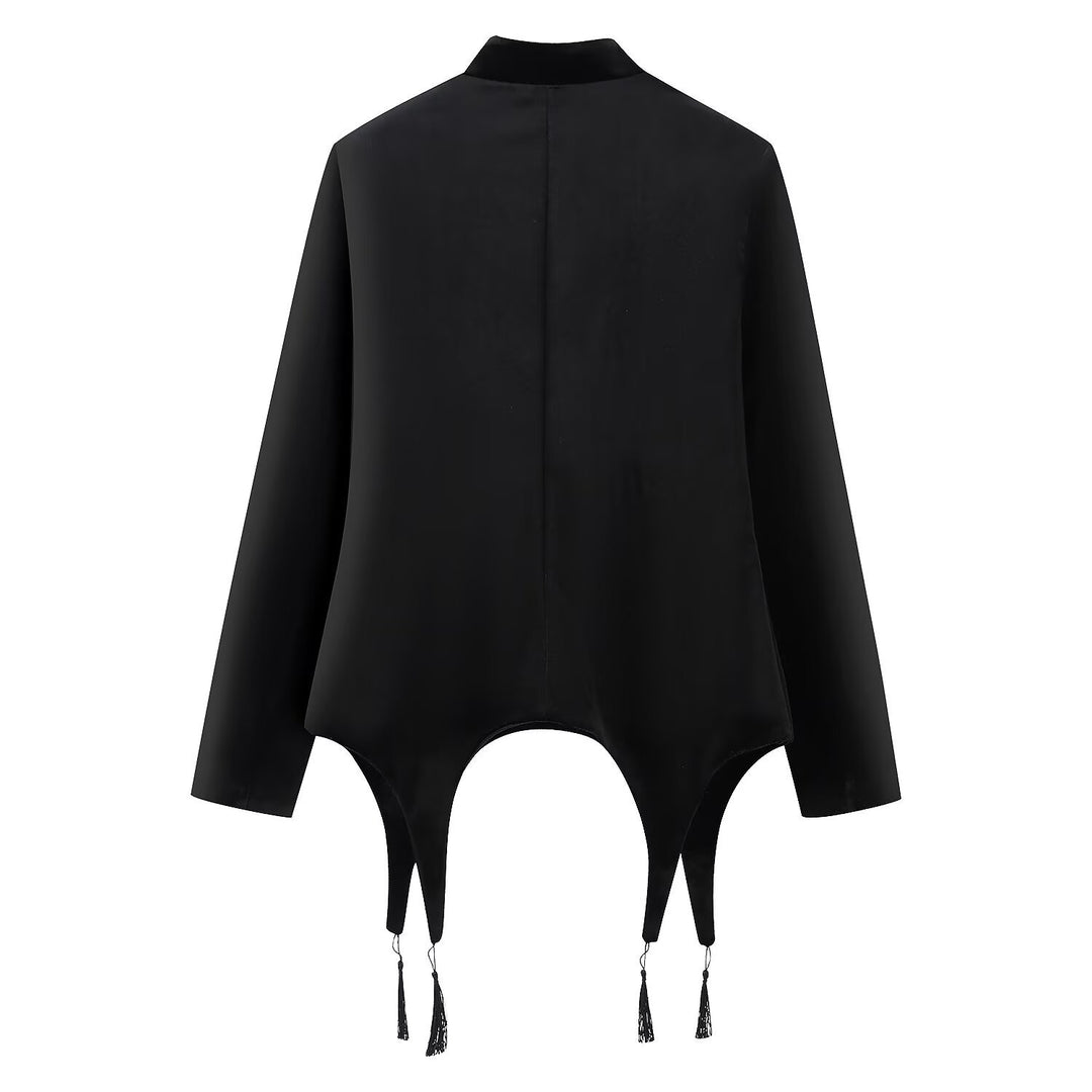 Damen Asymmetrische Kurzjacke mit Stehkragen, Kordelverschlüssen und Quasten-Saum Echo Archiv