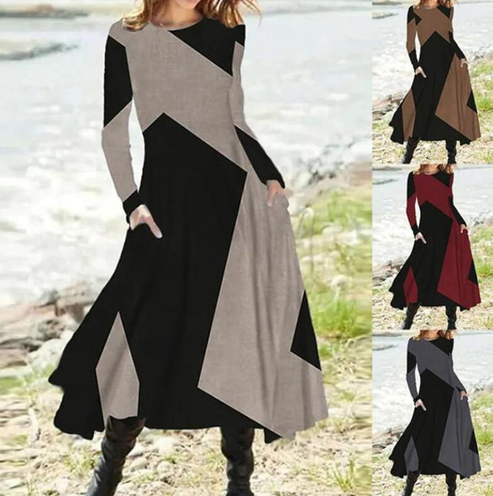 Damen nan geometrisches Maxikleid mit langen Ärmeln, A-Linien-Schnitt und seitlichen Eingrifftaschen Echo Archiv