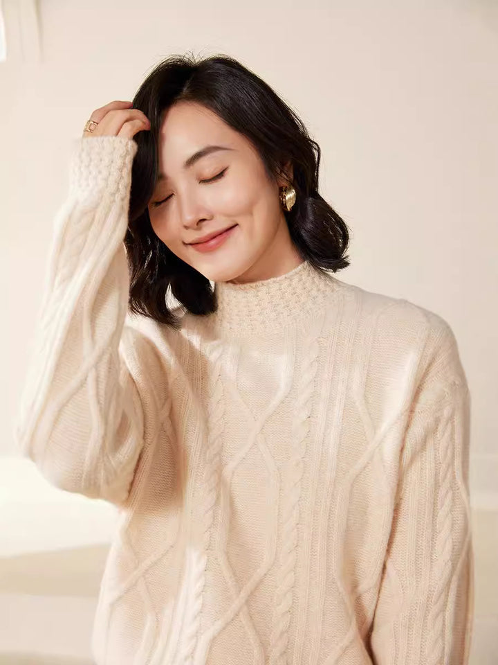 Damen Zopfstrick-Mockneckpullover mit kurzer Boxy-Silhouette Echoarchiv
