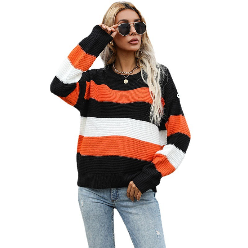 Damen Breitgestreifter Strickpullover im Fisherman‑Look mit gerippter Textur und überschnittener Schulter Echoarchiv