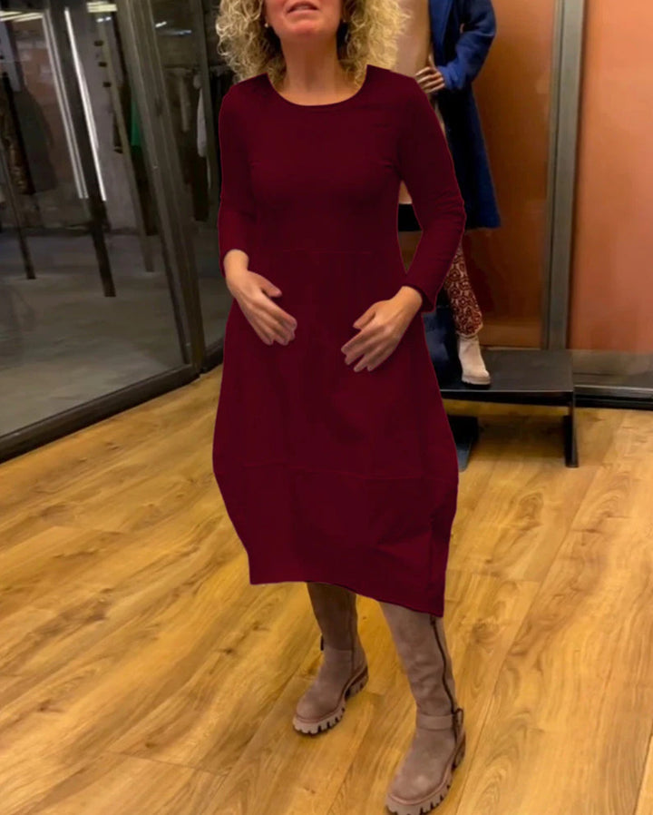 Damen nan asymmetrisches Ballonkleid mit dreiviertelärmeln, seitlichen Eingrifftaschen und fließendem Zipfelsaum Echo Archiv