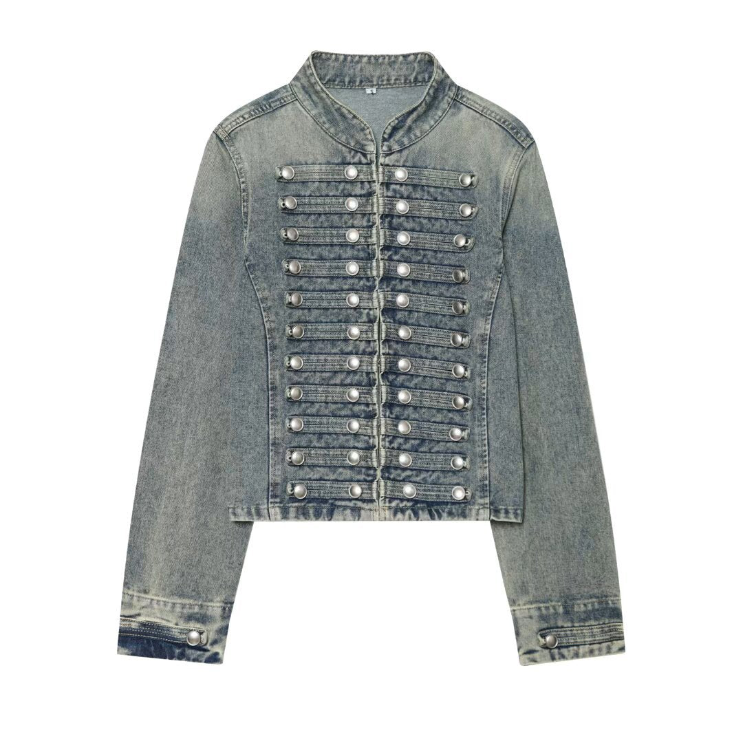 Damen Cropped Denim‑Blouson im Frackstil mit dekorativen Reihenknöpfen Echo Archiv