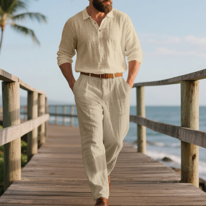 Herren eleganter Freizeit-Jumpsuit mit praktischen Taschen und stylischem Henley-Ausschnitt Echoarchiv