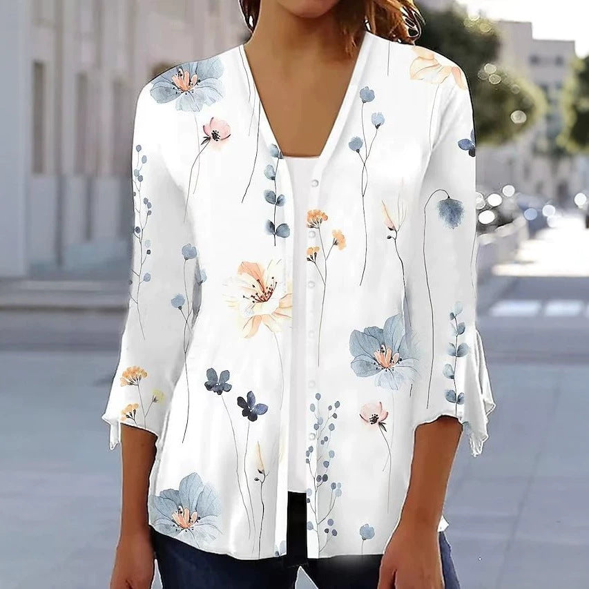 Damen nan leichte Chiffonbluse mit Aquarellblumenprint, V‑Ausschnitt, Knopfleiste und dreiviertelärmeln Echoarchiv