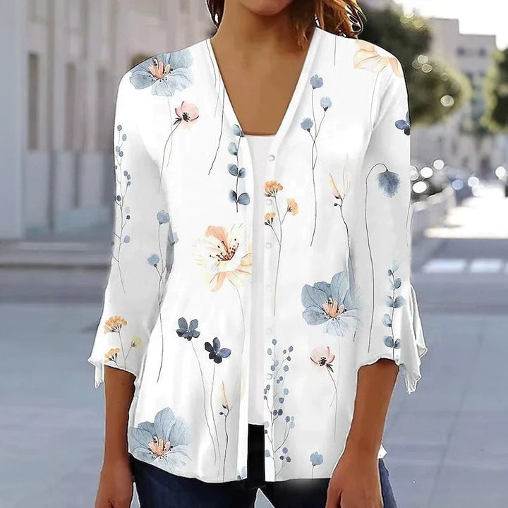 Damen nan leichte Chiffonbluse mit Aquarellblumenprint, V‑Ausschnitt, Knopfleiste und dreiviertelärmeln Echoarchiv