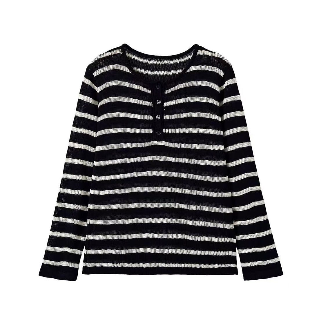 Damen Gestreifter Feinstrick-Pullover mit Knopfleiste und Rundhalsausschnitt Echoarchiv