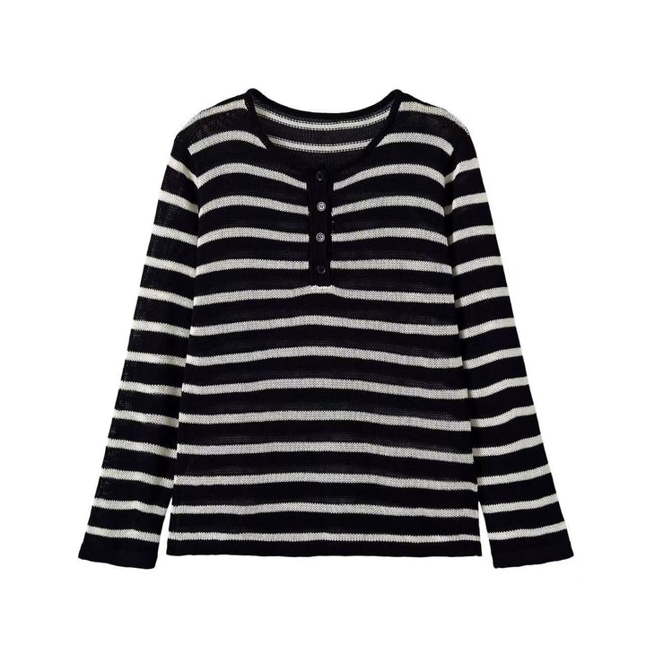 Damen Gestreifter Feinstrick-Pullover mit Knopfleiste und Rundhalsausschnitt Echoarchiv