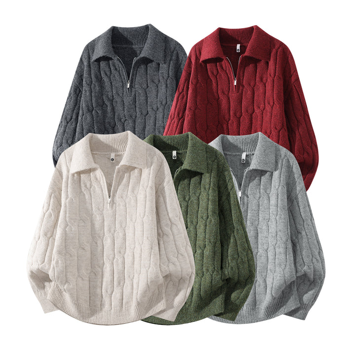 Unisex Oversize Zopfstrickpullover mit Halbreißverschluss und Hemdkragen Echoarchiv