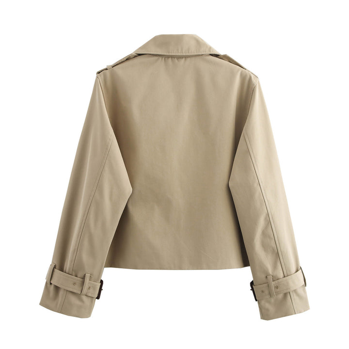Damen cropped Trenchjacke mit Doppelreiher, Epauletten und verstellbaren Schnallenmanschetten – Célinea