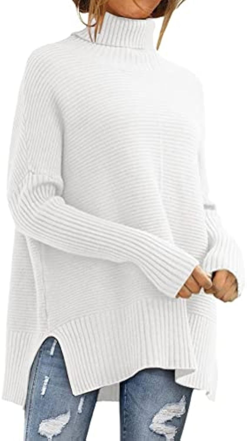 Damen Oversize-Rippenstrick Rollkragenpullover mit Seitenschlitzen und verlängertem Saum – Mavelle