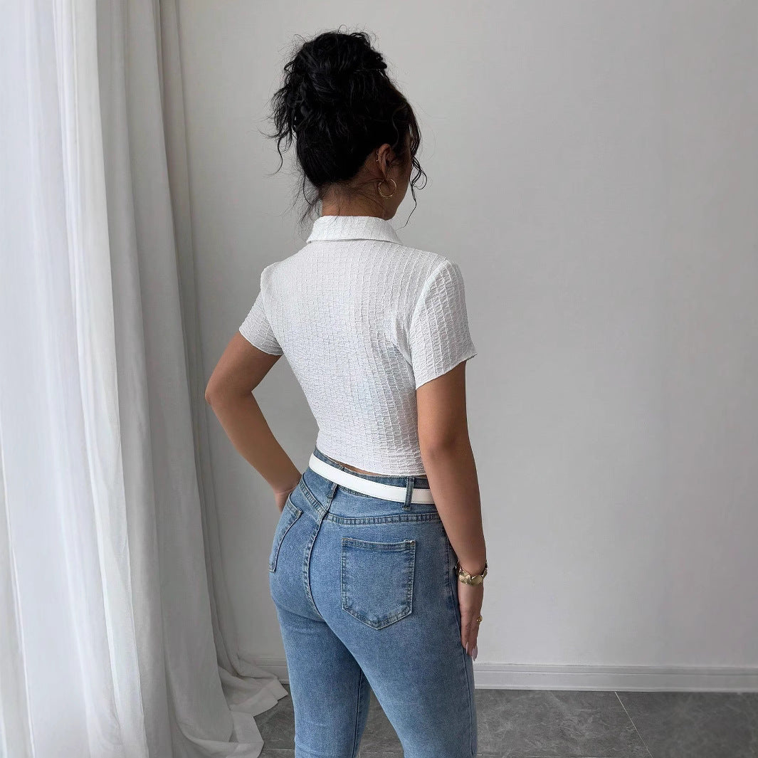 Damen nan taillierte bauchfreie Kurzbluse mit Kreppstruktur Hemdkragen und Knopfleiste Echo Archiv