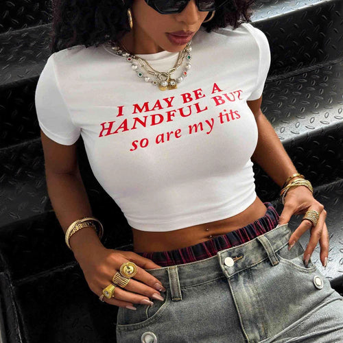 Damen Crop-T-Shirt mit kreativem schriftlichem Design und figurbetontem Schnitt Echo Archiv