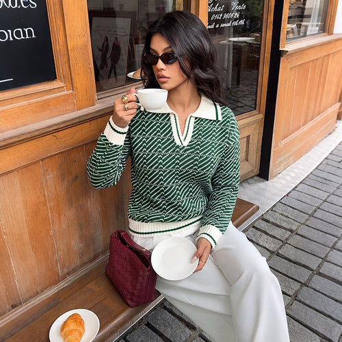 Damen Polokragen-Strickpullover mit V-Ausschnitt und Strukturmuster – Mavelle