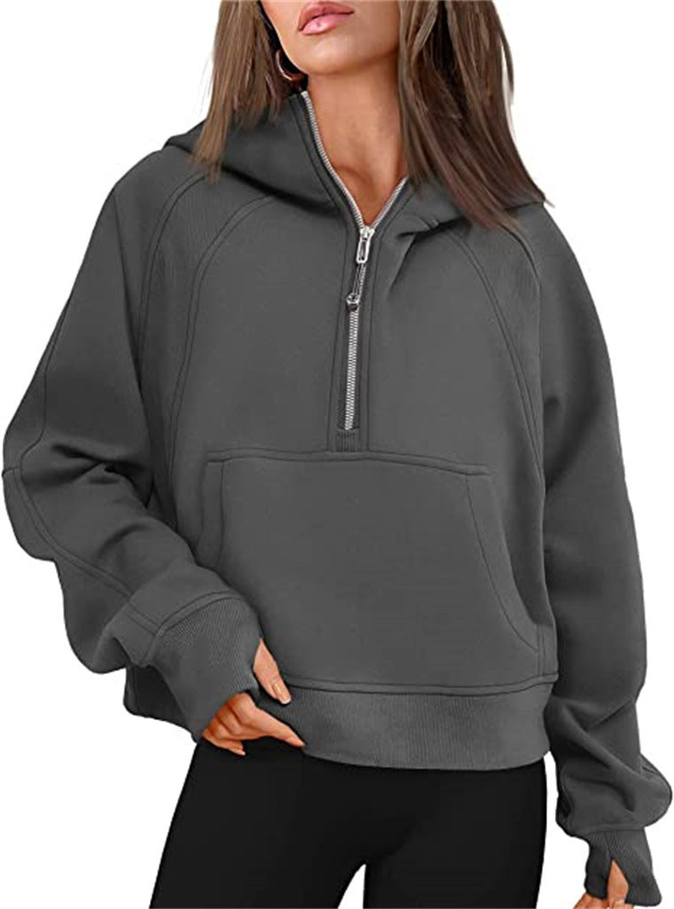 Damen Oversize-Hoodie mit halbem Reißverschluss, Kängurutasche und Daumenlöchern – Auréline