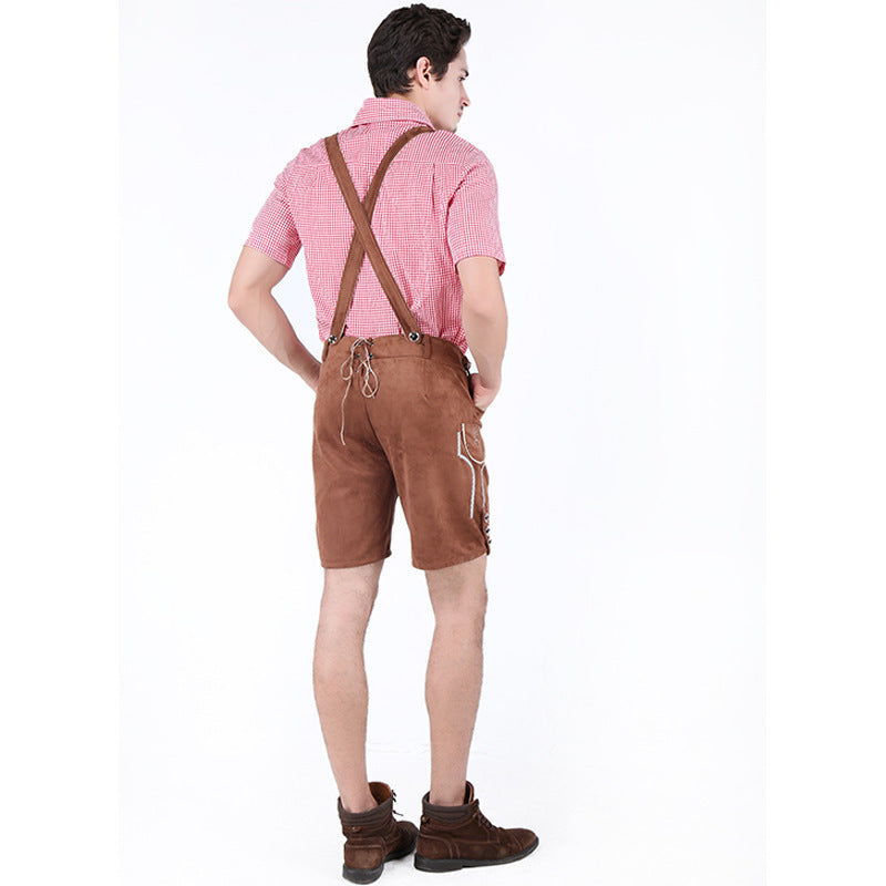 Herren nan kurze Trachtenlederhose aus Wildleder mit bestickter Vorderlatz und verstellbaren Trägern Echo Archiv