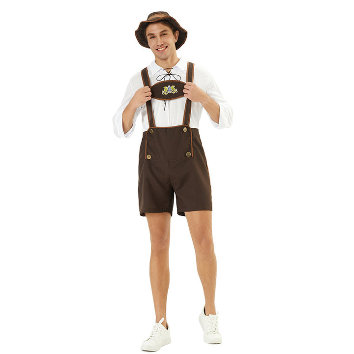 Herren nan Oktoberfest-Kurzlederhose mit verstellbaren Trägern, Zierknöpfen und besticktem Brustlatz Echo Archiv