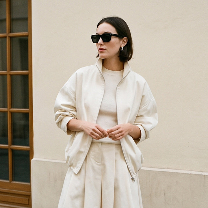 Damen Oversize Cropped-Blouson mit Tunnelzug und fließendem Maxi‑Rock mit Beinschlitz Echoarchiv