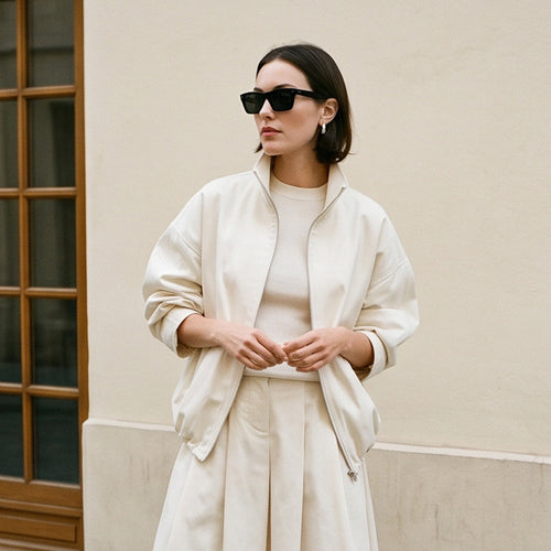 Damen Oversize Cropped-Blouson mit Tunnelzug und fließendem Maxi‑Rock mit Beinschlitz Echoarchiv