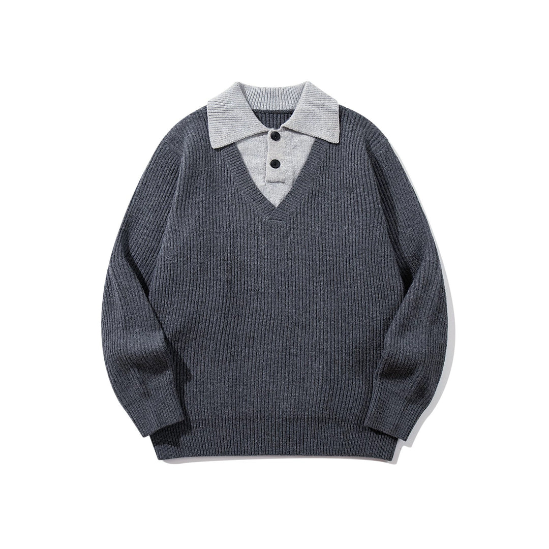 Herren Gerippter Strickpullover mit Polokragen‑Einsatz und tiefem V‑Ausschnitt Echoarchiv