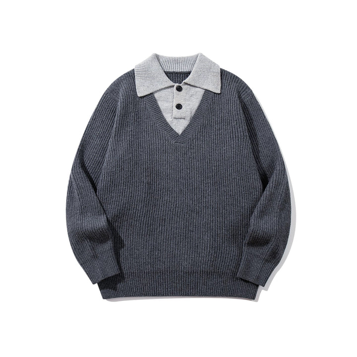 Herren Gerippter Strickpullover mit Polokragen‑Einsatz und tiefem V‑Ausschnitt Echoarchiv