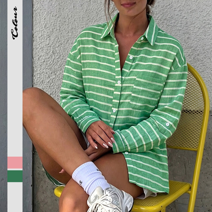 Damen Legere gestreifte Oversize-Hemdbluse aus Leinenoptik mit Brusttasche – Maréline