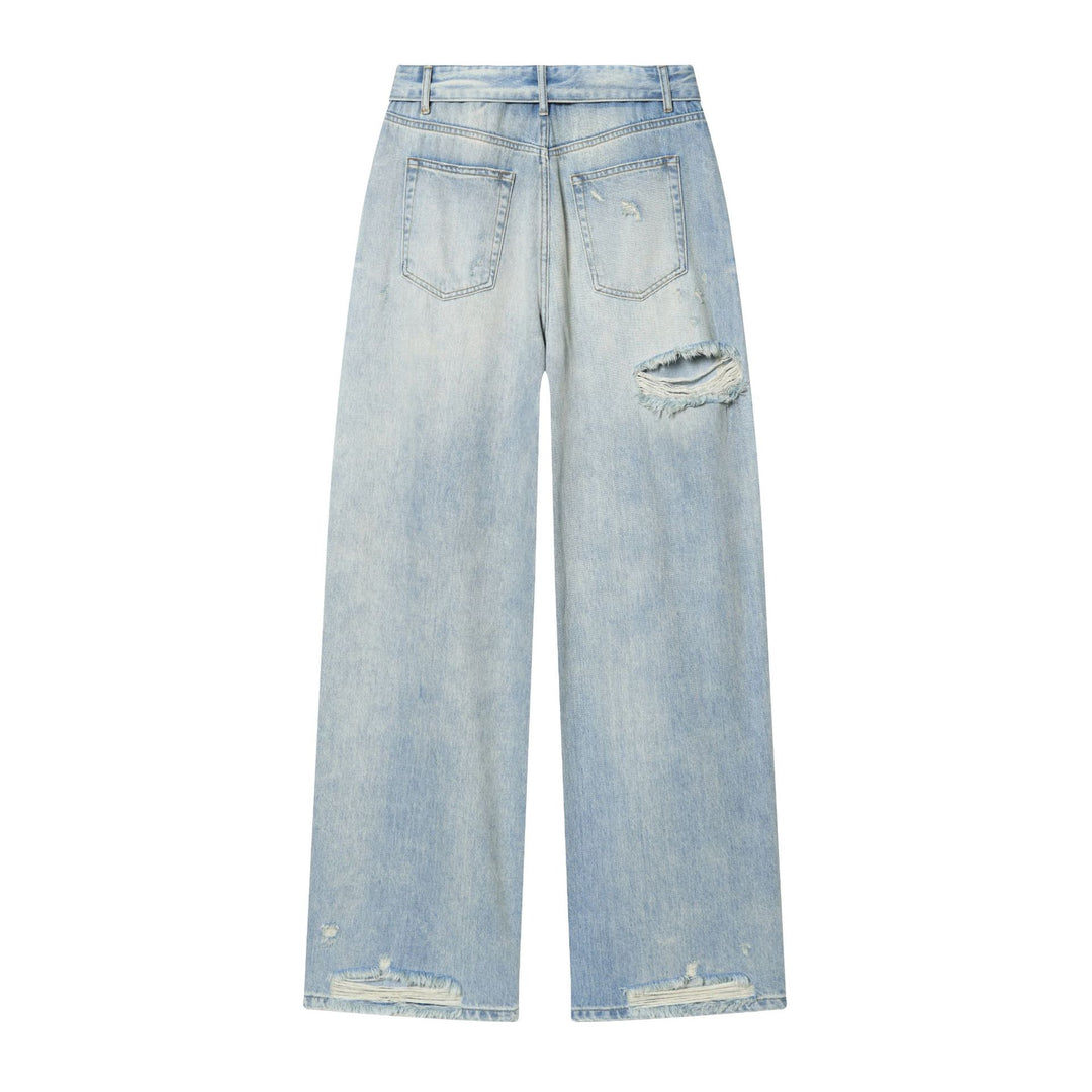 Damen hochgeschnittene weite Jeans mit geradem Bein, Destroyed‑Details und klassischer Five‑Pocket‑Passform – Dénora