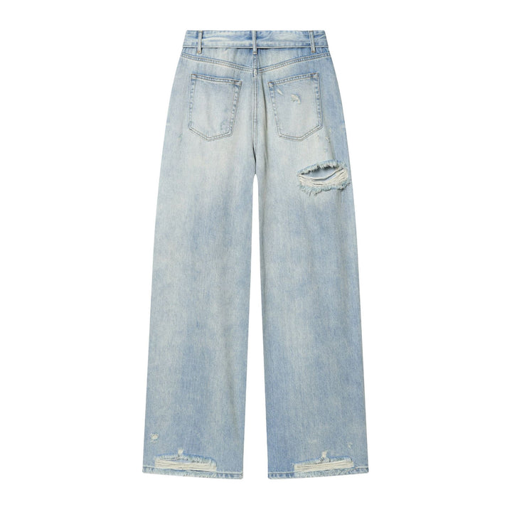 Damen hochgeschnittene weite Jeans mit geradem Bein, Destroyed‑Details und klassischer Five‑Pocket‑Passform – Dénora
