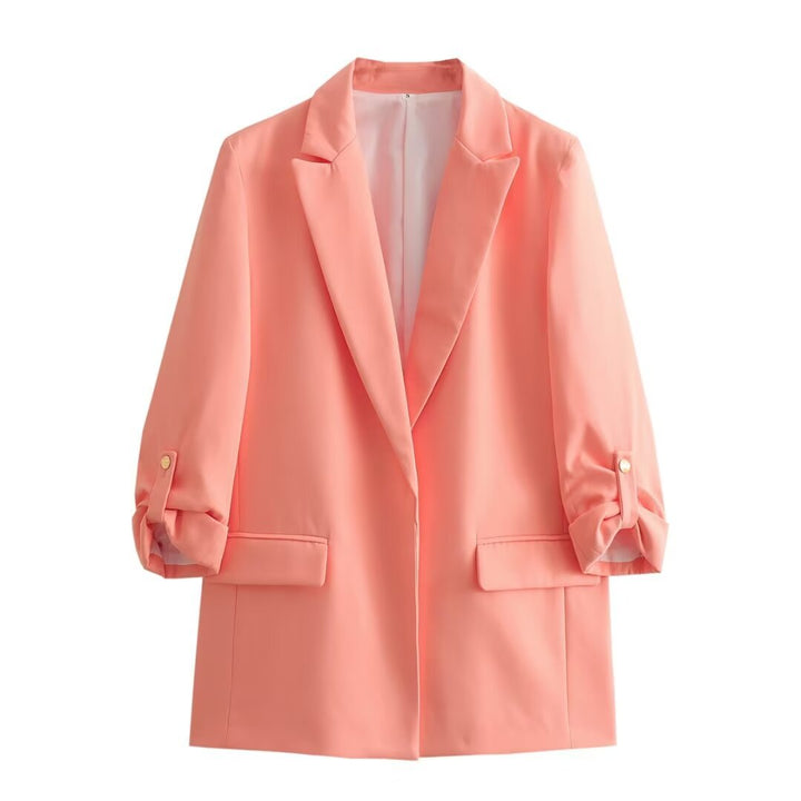 Damen unstrukturierter Longblazer mit kastigem Schnitt, krempelbaren Ärmeln und Paspelklappen – Célinea