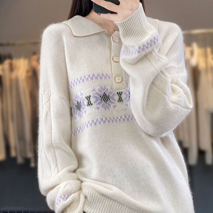 Damen Oversize-Polokragen-Strickpullover mit Norweger‑Motiv und Raglanärmeln Echoarchiv