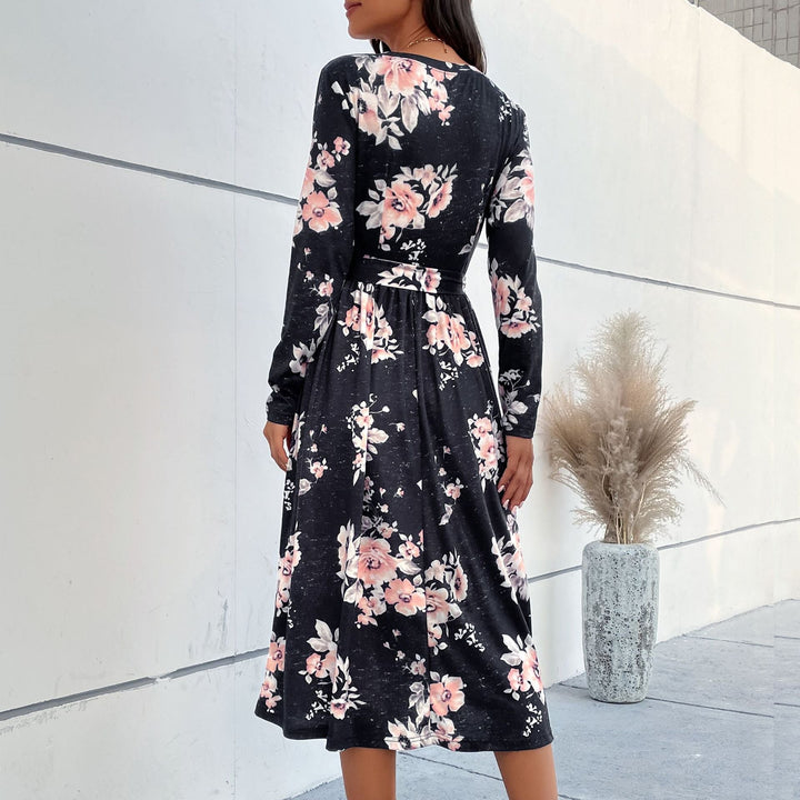 Damen Florales Wickel-Midikleid mit V-Ausschnitt, Taillengürtel und ausgestelltem Rock Echoarchiv