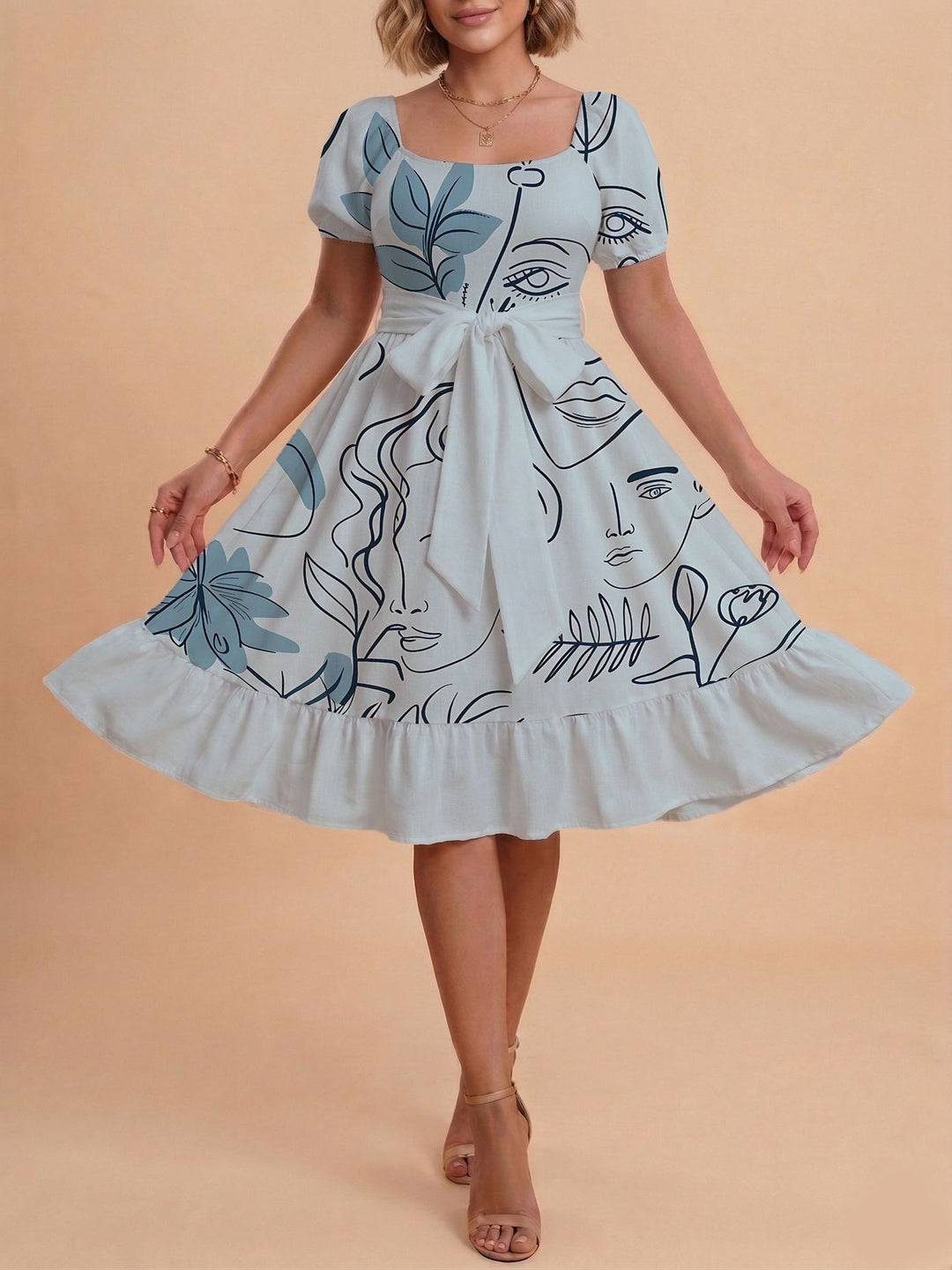 Damen Retro Maxikleid mit Puffärmeln und Taillengürtel Echo Archiv