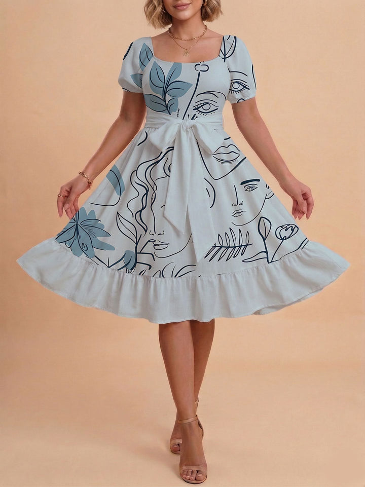 Damen Retro Maxikleid mit Puffärmeln und Taillengürtel Echo Archiv
