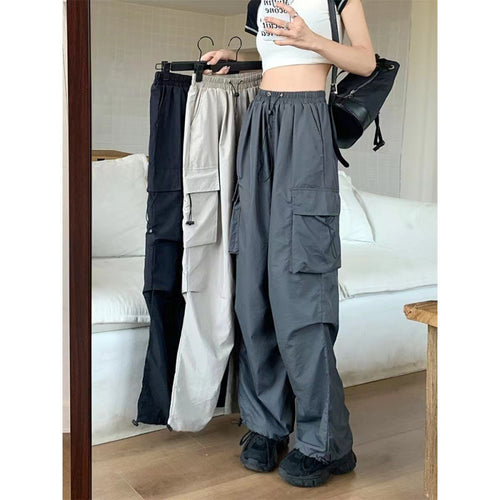 Damen Cargo-Hose mit hoher Taille, Elastikbund, großen Klappentaschen und Kordelzug – Avélisse