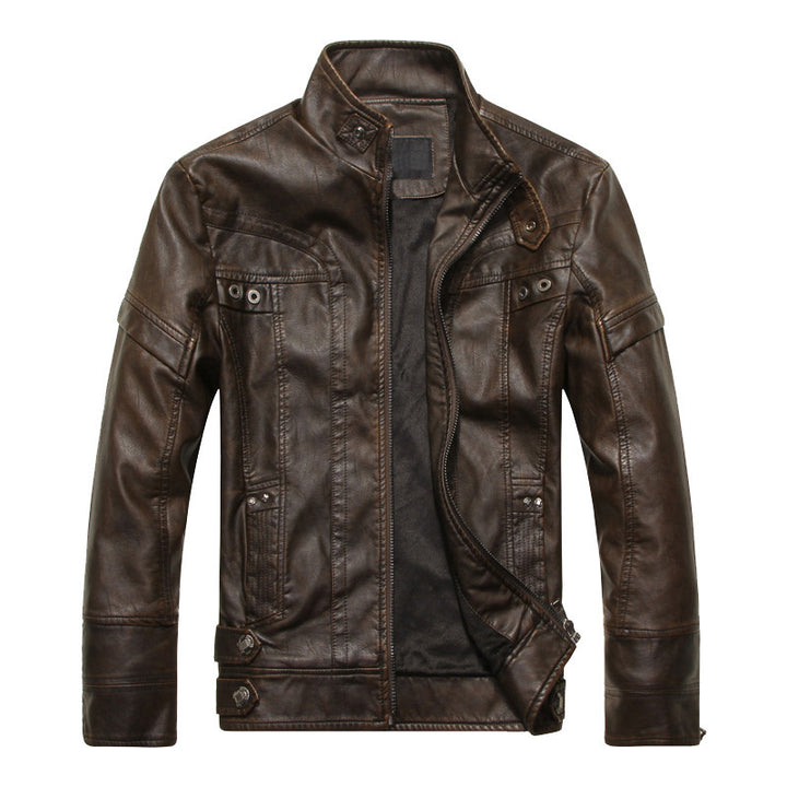 Herren Lederjacke im Bikerstil mit Stehkragen und Ziernähten – Valtoré