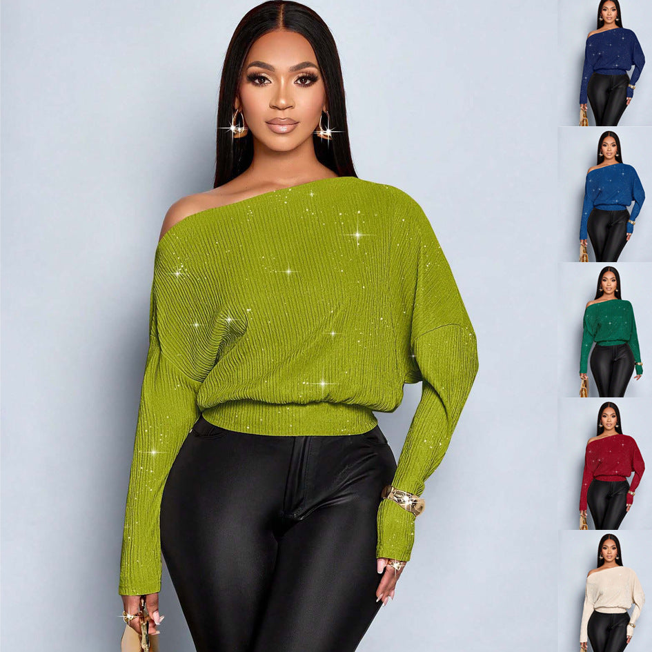 Damen Off-Shoulder Rippstrick-Pullover mit Glitzereffekt und Batwing-Ärmeln Echo Archiv