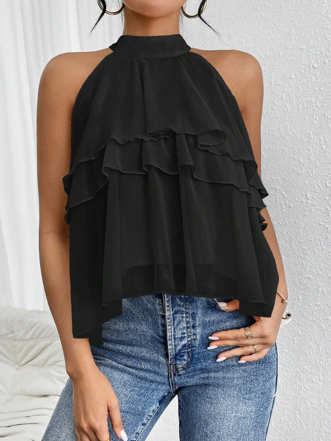 Damen Luftiges Chiffon-Top mit Stehkragen und mehrlagigen Volants Echo Archiv