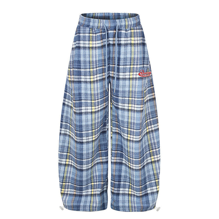 Damen Weite Karierte Palazzo-Loungehose mit hohem Komfortbund und Saumkordel Echoarchiv