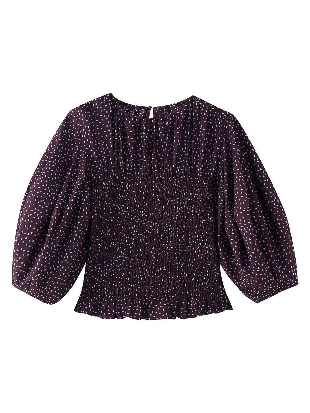 Damen Gepunktete Bluse mit Smok-Taille und Ballonärmeln Echoarchiv