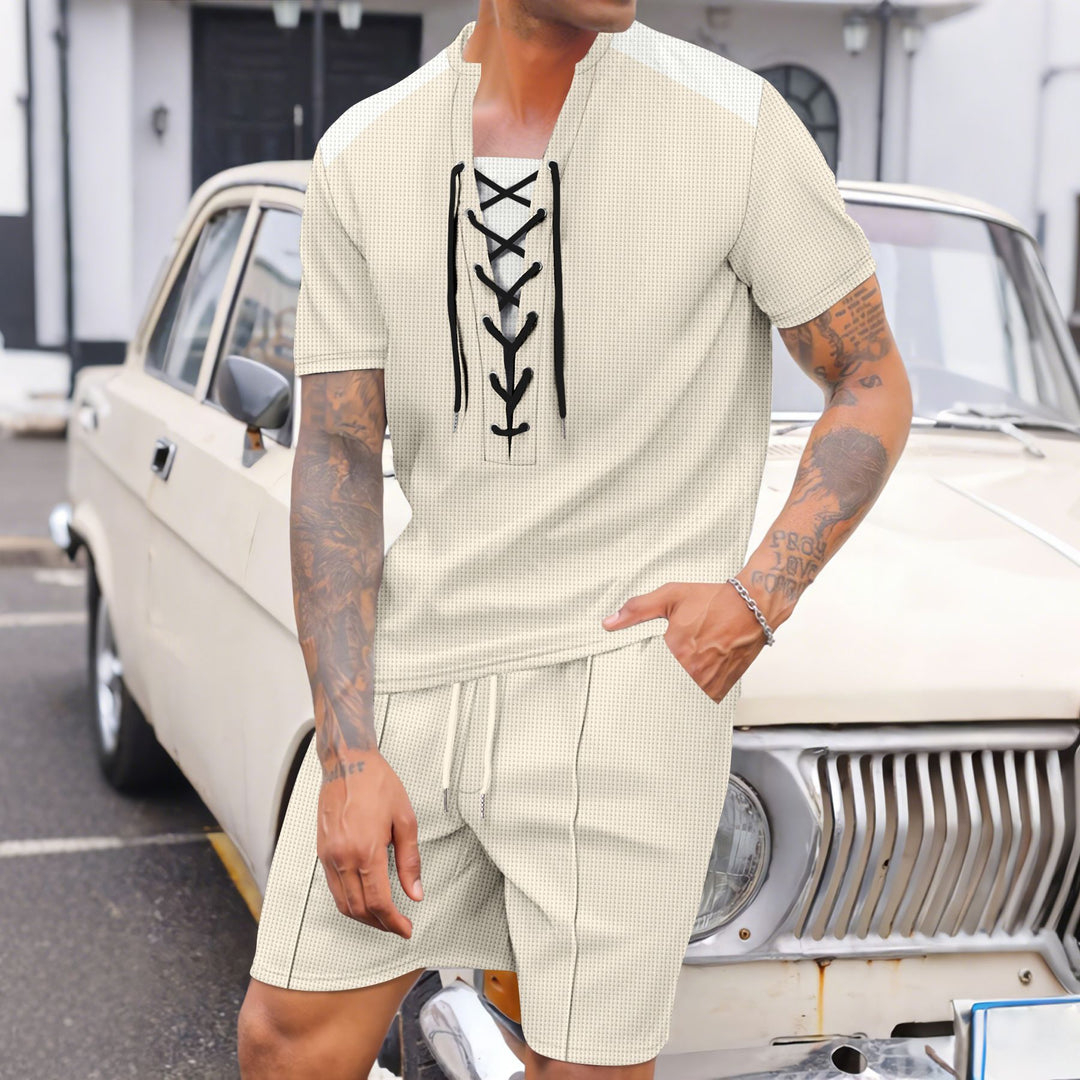 Herren lässiges Kurzarmshirt mit Schnürung und Shorts Echoarchiv
