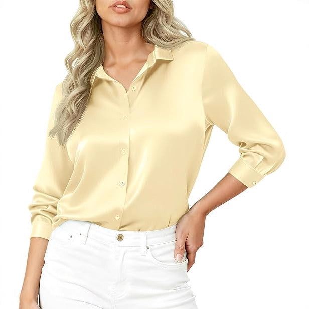 Damen Seidiges Satin-Blusenshirt mit Hemdkragen und dreiviertel Ärmeln – Élovi