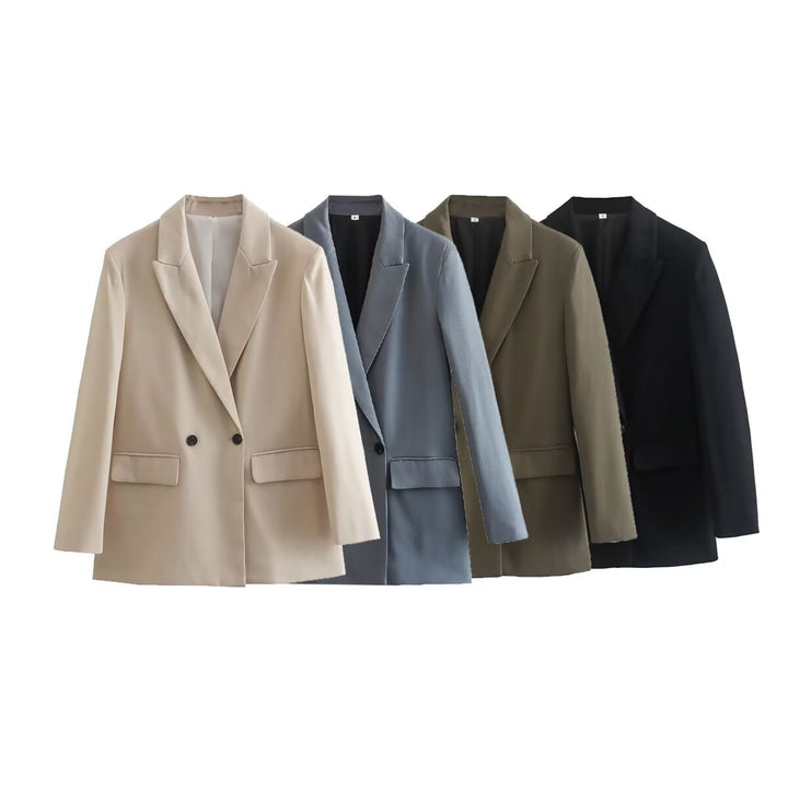 Damen figurbetonter zweireihiger Longblazer mit spitzem Revers leicht verlängertem Saum und Pattentaschen – Valéne
