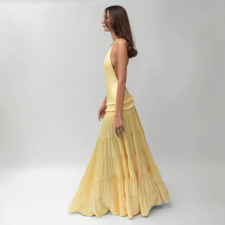 Damen elegantes asymmetrisches Maxikleid mit Rüschendetails Echo Archiv