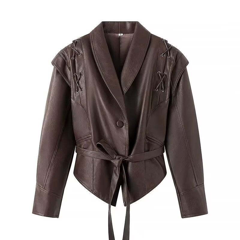 Damen Kurzblazer-Lederjacke mit Schalkragen, Taillengürtel und Schnürdetail Echo Archiv